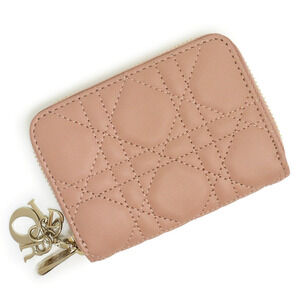 Christian Dior Lady VOYAGEUR Zip Wallet Cannage Lambskin Rose Pink Beige